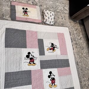 Pottery Barn Kids DISNEY Mickey Mouse Patchwork Quilt Twin Sham Organic Sheet 3P